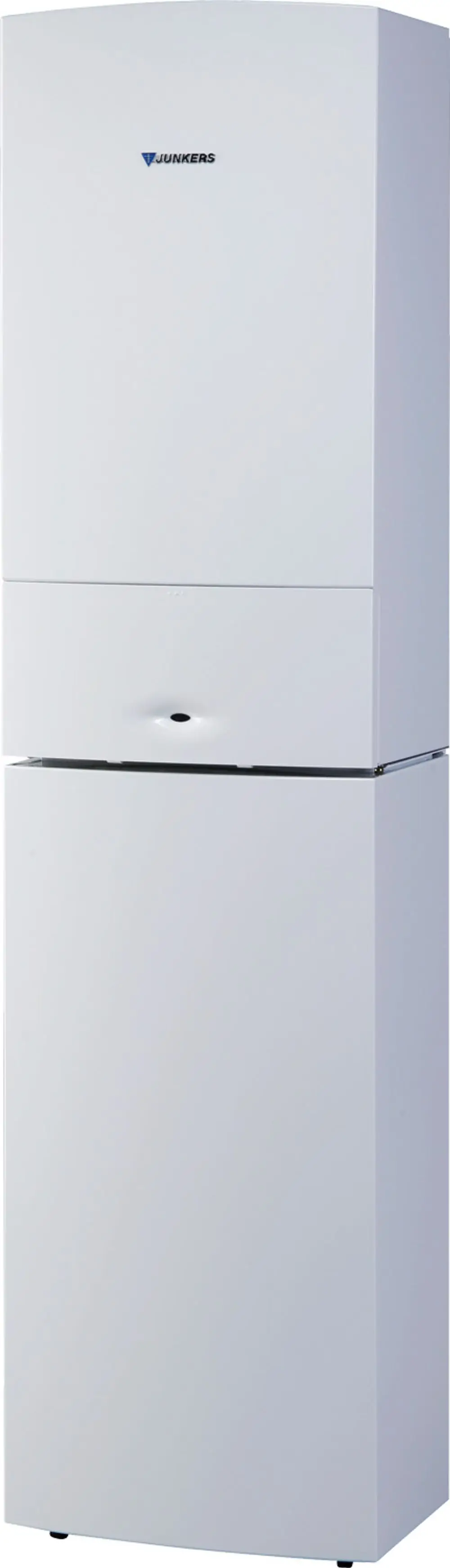 Weißes Gas-Brennwertgerät von Bosch im Kompaktformat. Es hat eine glatte Front mit Bedienfeld und ist für den Innenbereich konzipiert.